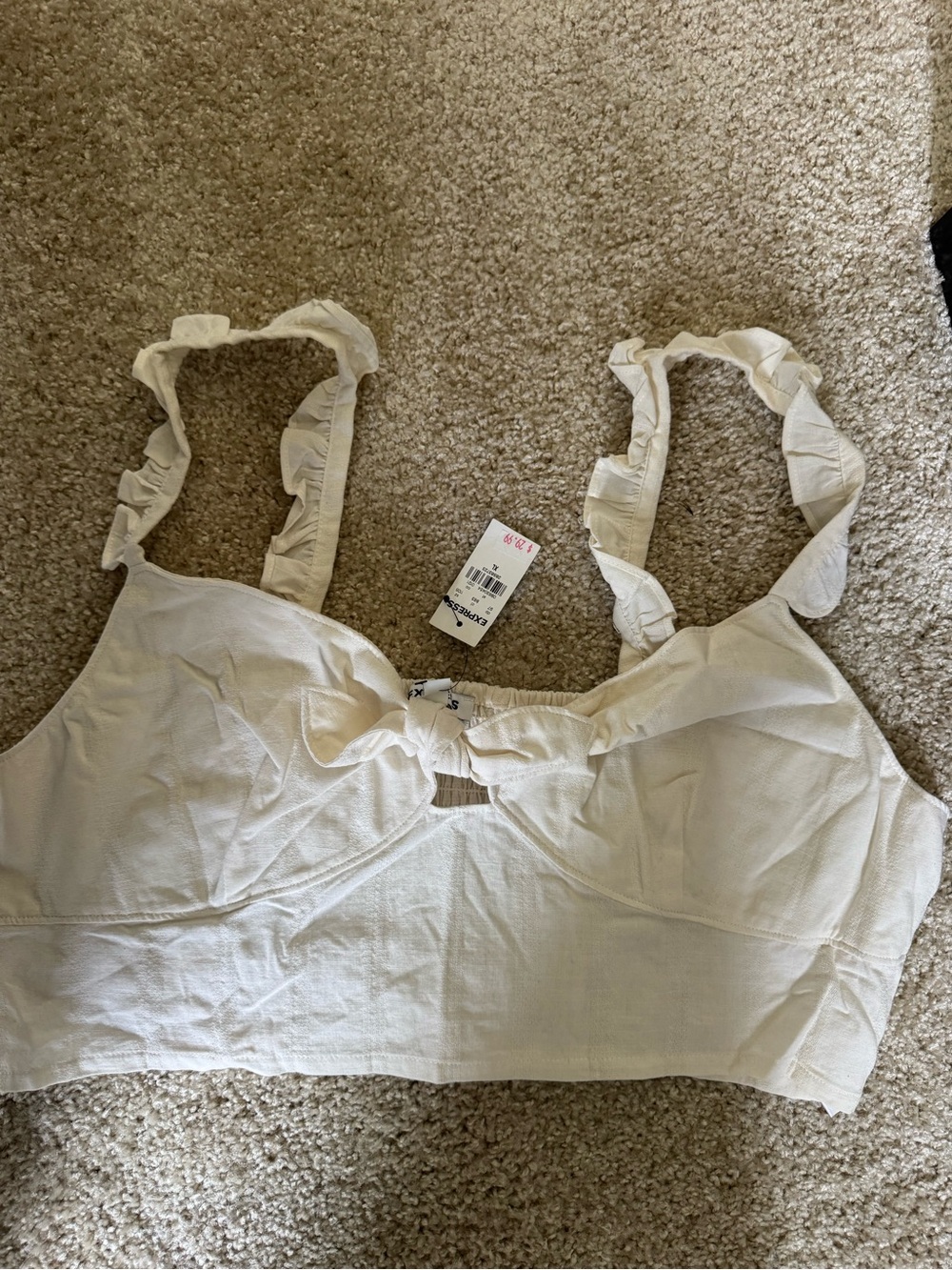 Express Cream Ruffle Strap Tie-Front Crop Top